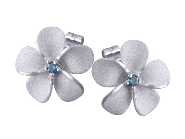 14KW Plumeria Blue Diamond Stud Earrings (11mm)