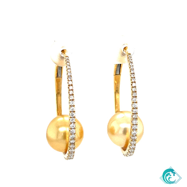 18KY Golden Indonesian Pearl Diamond Hoops