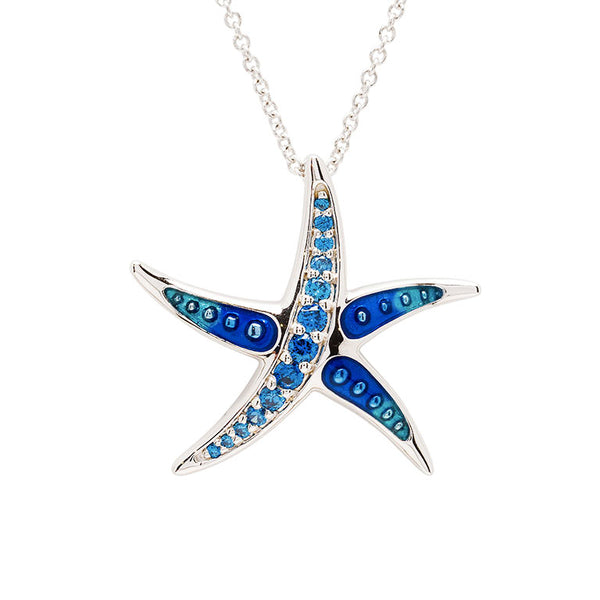 Sterling Silver Sapphire Enamel and CZ Starfish Necklace