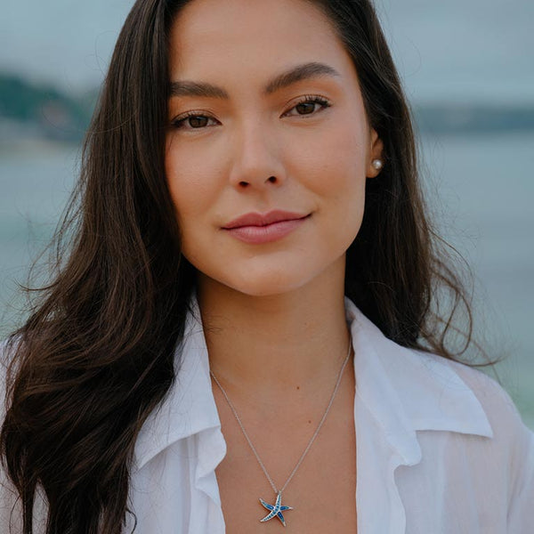 Sterling Silver Sapphire Enamel and CZ Starfish Necklace