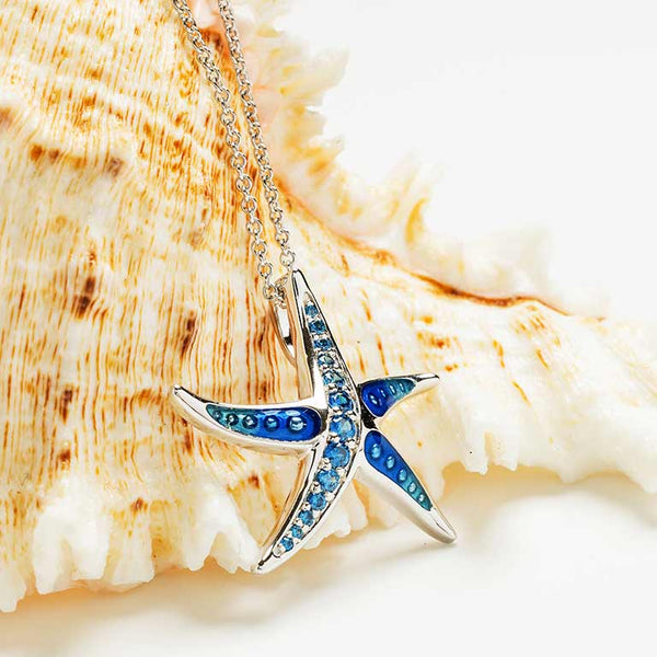 Sterling Silver Sapphire Enamel and CZ Starfish Necklace
