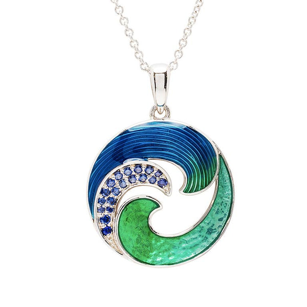 Sterling Silver Blue Enamel and CZ Wave Necklace