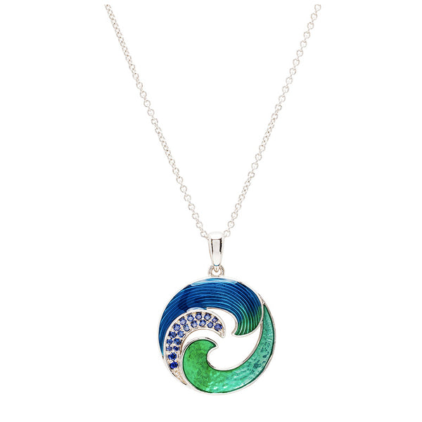 Sterling Silver Blue Enamel and CZ Wave Necklace