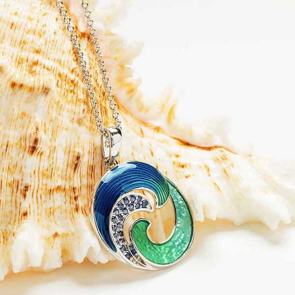Sterling Silver Blue Enamel and CZ Wave Necklace