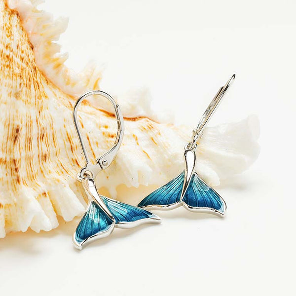 Sterling Silver Blue Enamel Whale Tail Drop Earrings