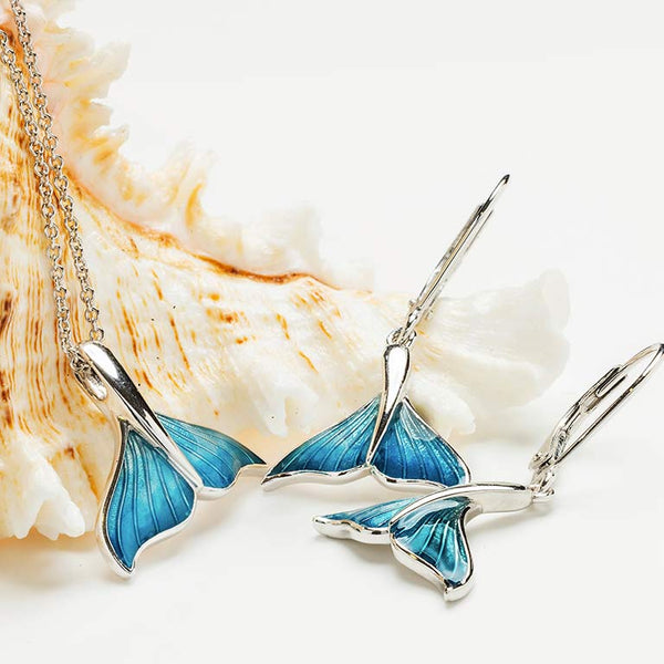 Sterling Silver Blue Enamel Whale Tail Drop Earrings
