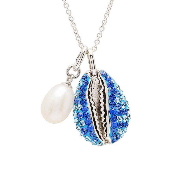 Sterling Silver Sapphire & Aqua Crystal/Pearl Cowrie Shell Necklace