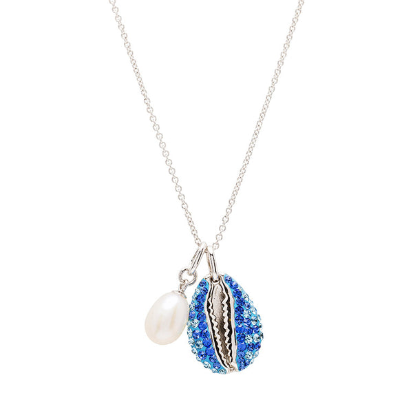 Sterling Silver Sapphire & Aqua Crystal/Pearl Cowrie Shell Necklace