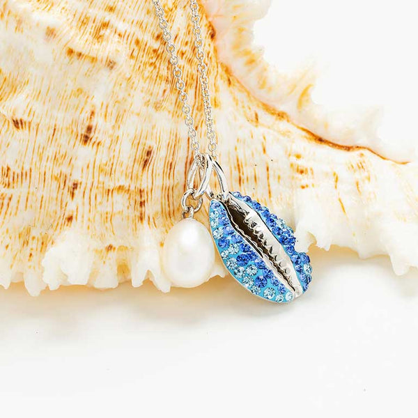 Sterling Silver Sapphire & Aqua Crystal/Pearl Cowrie Shell Necklace