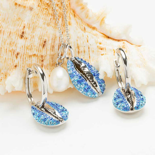 Sterling Silver Sapphire & Aqua Crystal/Pearl Cowrie Shell Necklace