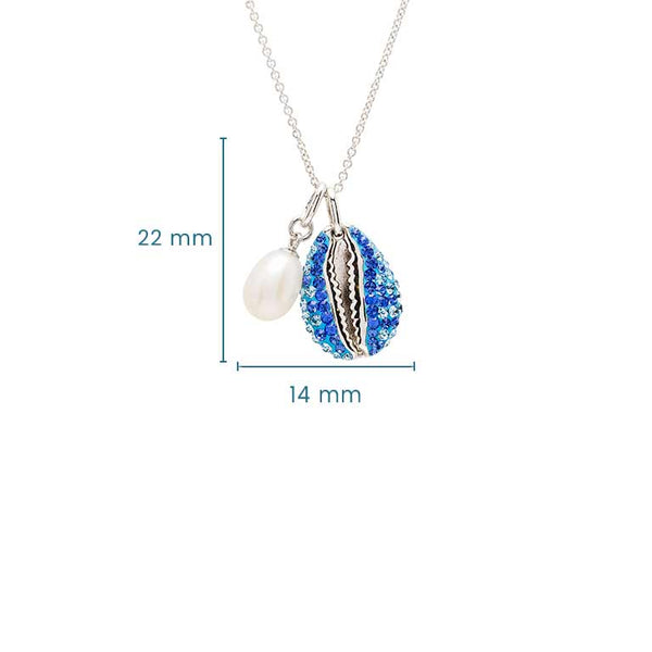 Sterling Silver Sapphire & Aqua Crystal/Pearl Cowrie Shell Necklace