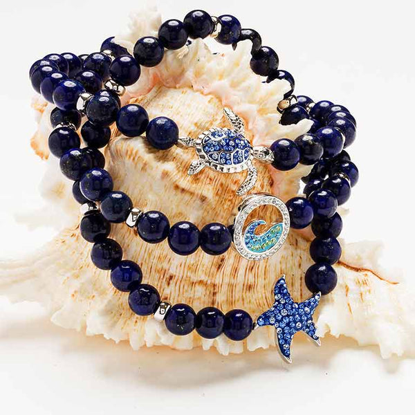 Sterling Silver Wave Lapis Stretchy Bracelet