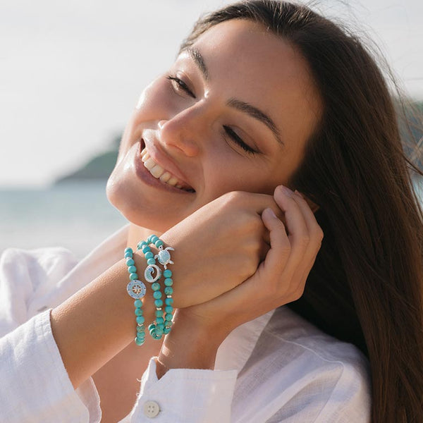 Sterling Silver Turquoise Compass Stretchy Bracelet