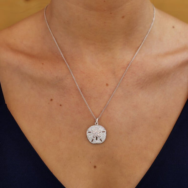 Silver White Crystal Sand Dollar with Rose Plate Pendant