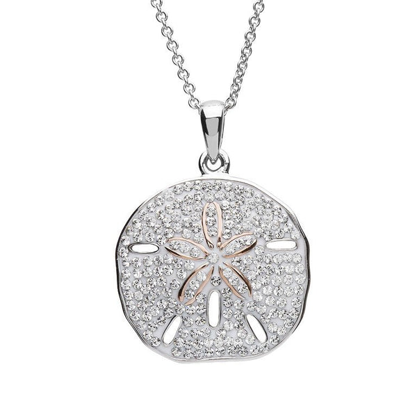 Silver White Crystal Sand Dollar with Rose Plate Pendant