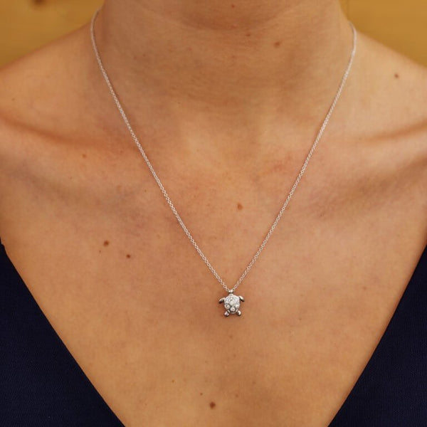 Sterling Silver Small White SW Crystal Turtle Necklace