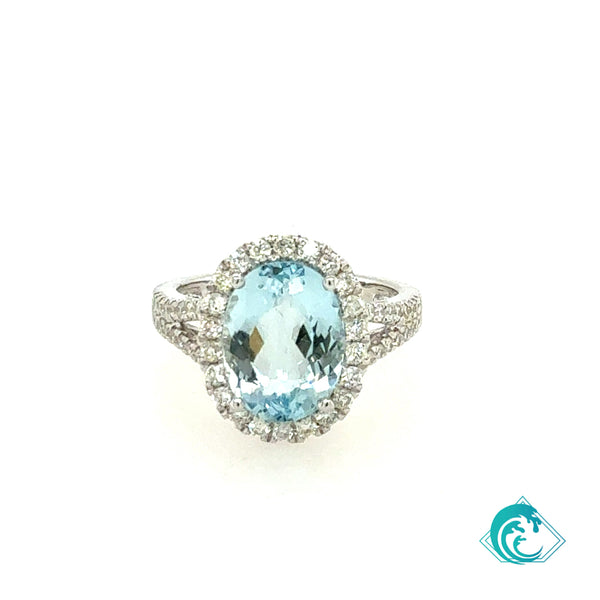 14KW Oval Aquamarine Diamond Xia Ring