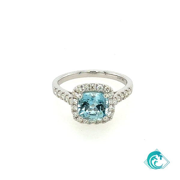 14KW Cushion Cut Aquamarine Diamond Ring