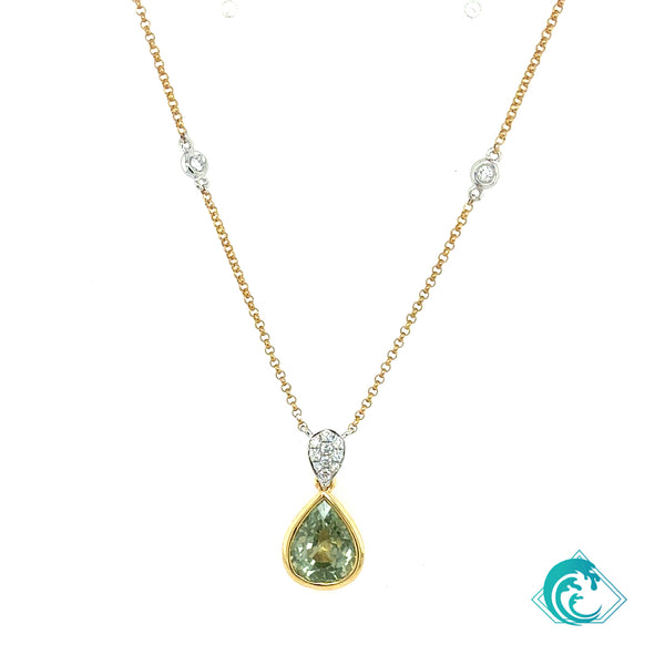 18K GIA Natural Yellowish Green Sapphire Necklace (No Heat)