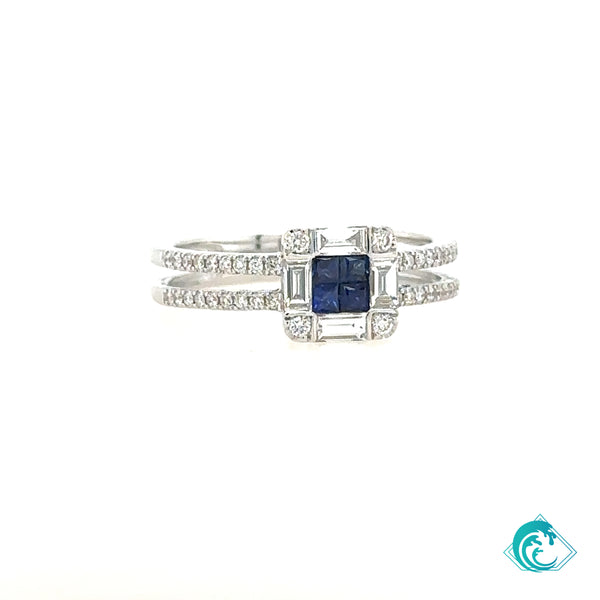 18KW Blue Sapphire & Baguette Diamond Ring