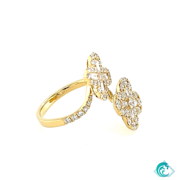18KY Double Flower Clover Trapezoid Cut Diamond Ring