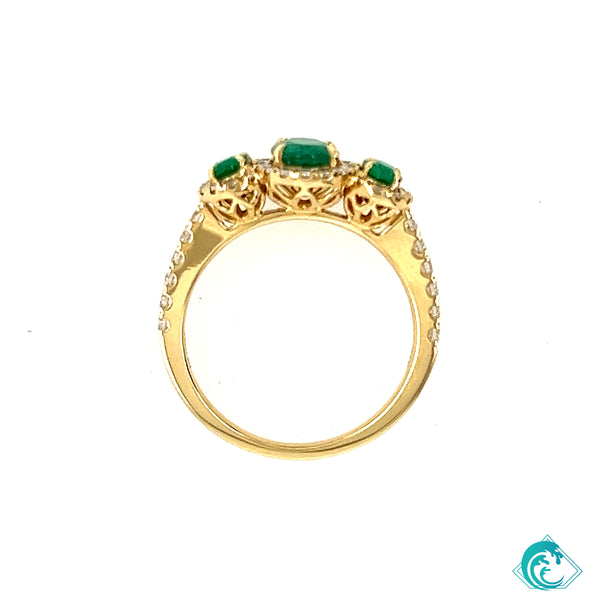 18K YG Three Stone Emerald and Diamond Ring