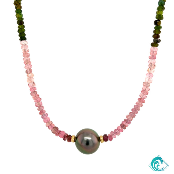 Watermelon Tourmaline & Tahitian Pearl Necklace