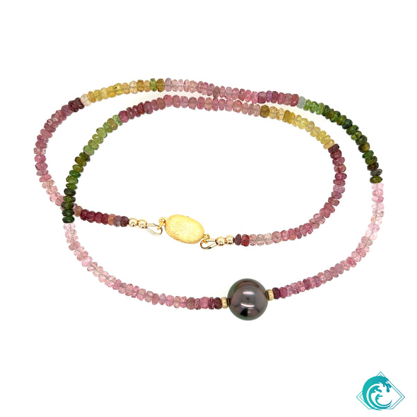 Watermelon Tourmaline & Tahitian Pearl Necklace