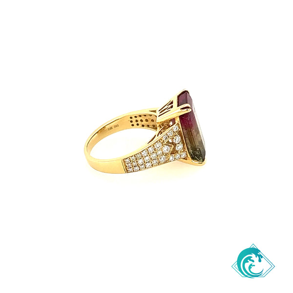 14KY Emerald Cut Watermelon Tourmaline Ring