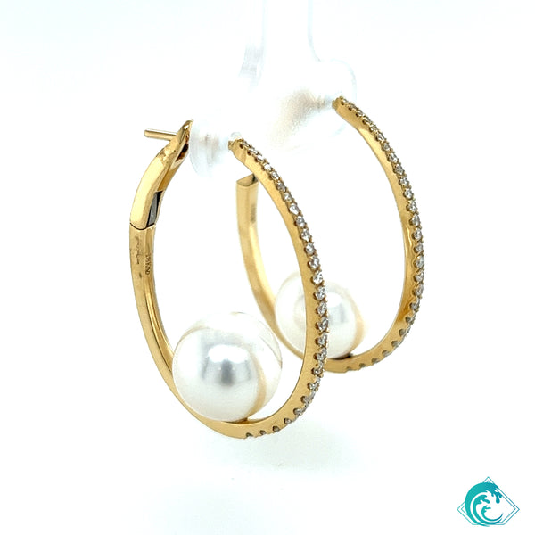 18KY White South Sea Pearl Kilauea Diamond Hoops
