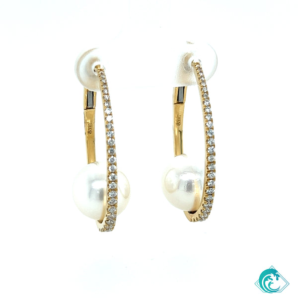18KY White South Sea Pearl Kilauea Diamond Hoops