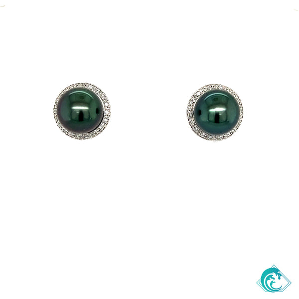 14K WG Tahitian Pearl & Diamond Opihi Studs