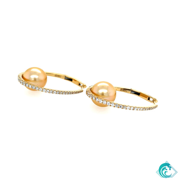18KY Golden Indonesian Pearl Diamond Hoops