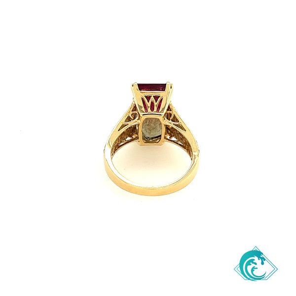 14KY Emerald Cut Watermelon Tourmaline Ring