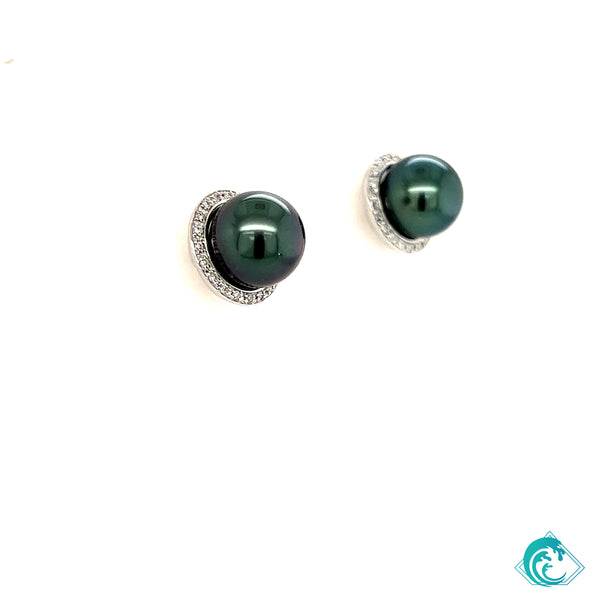 14K WG Tahitian Pearl & Diamond Opihi Studs