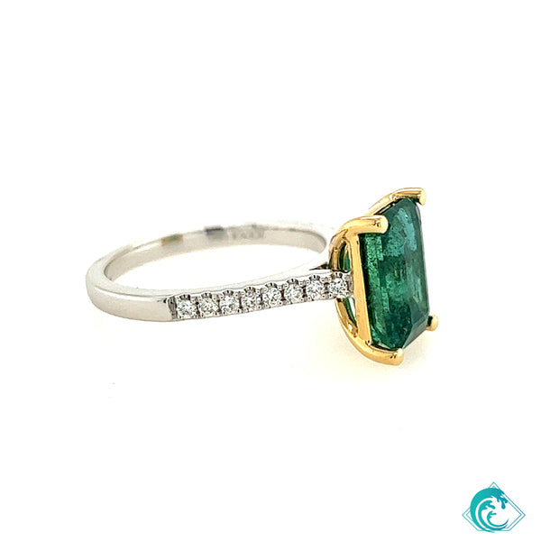 18K Two Tone Emerald & Diamond Ring