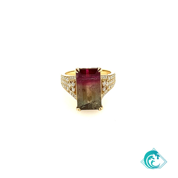 14KY Emerald Cut Watermelon Tourmaline Ring
