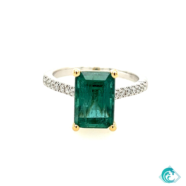 18K Two Tone Emerald & Diamond Ring