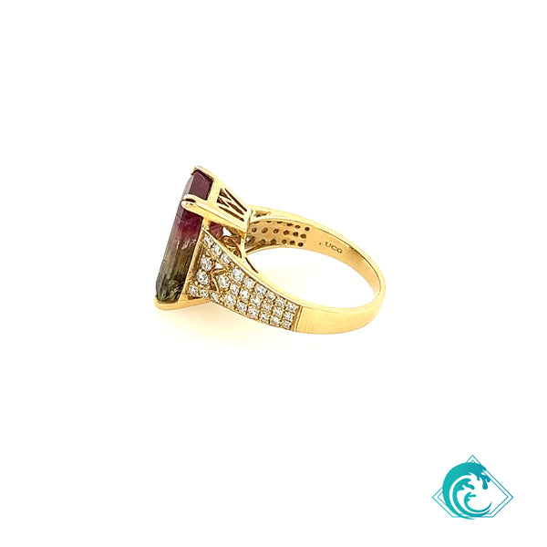 14KY Emerald Cut Watermelon Tourmaline Ring