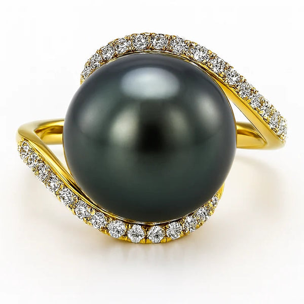 14KY Black Tahitian Pearl & Diamond Ring
