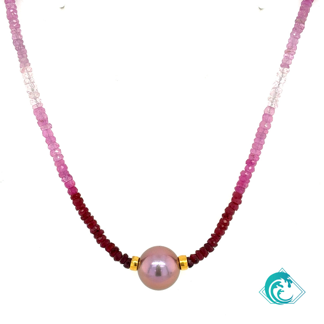 18KY Ombré Ruby & Pink Pearl Necklace