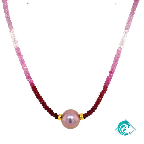 18KY Ombré Ruby & Pink Pearl Necklace