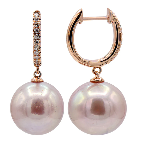 14KR Pink Freshwater Pearl Diamond Hoop Earrings