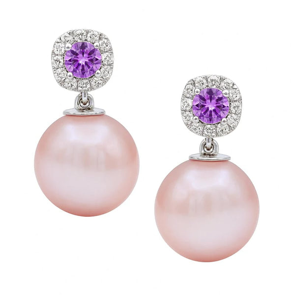 14KW Pink Pearl & Sapphire Earrings