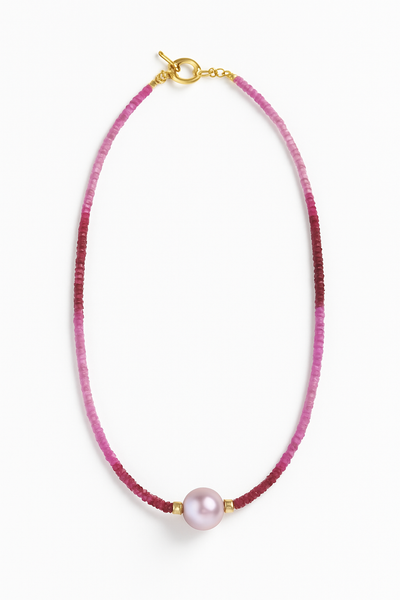 18KY Ombré Ruby & Pink Pearl Necklace