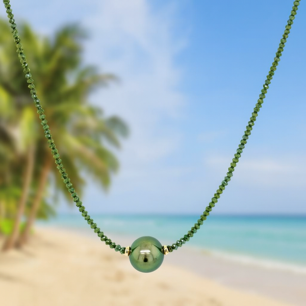 14KY Rare Green Diamond and Tahitian Pearl Beaded Necklace