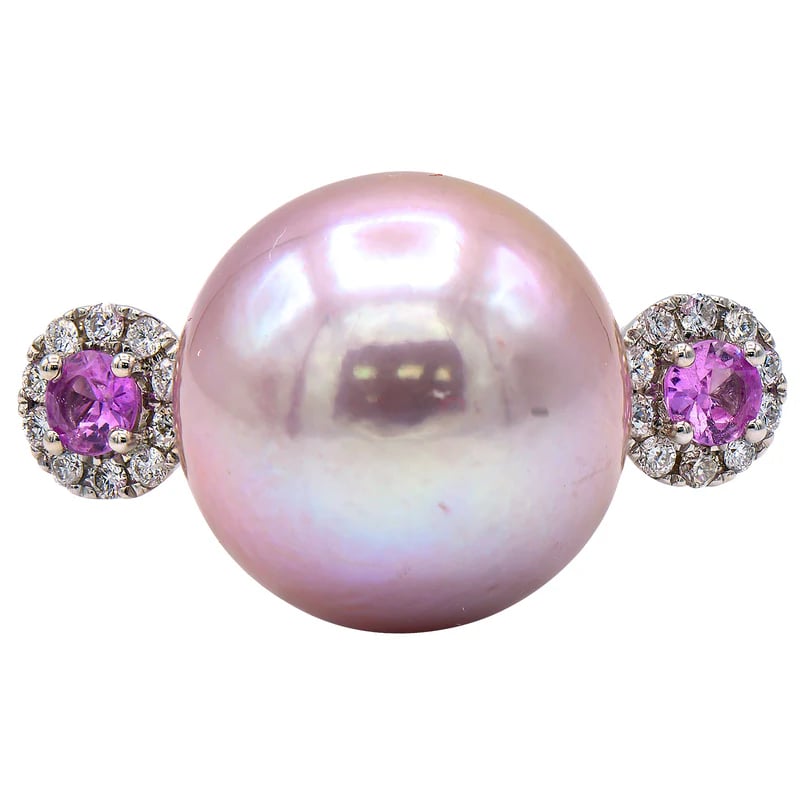 18KW Pink Pearl & Sapphire Ring