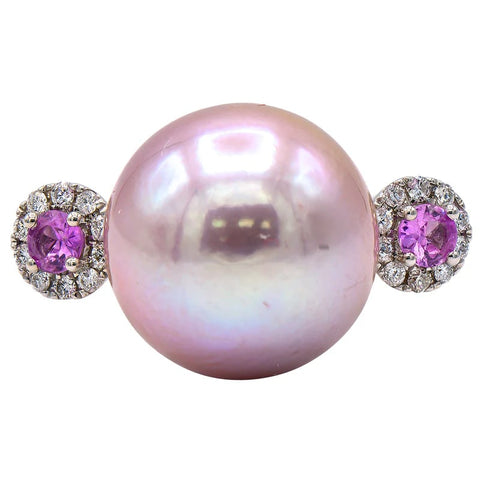 18KW Pink Pearl & Sapphire Ring