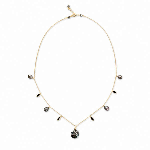 14KY Tahitian Keshi Pearl & Spinel Fringe Necklace