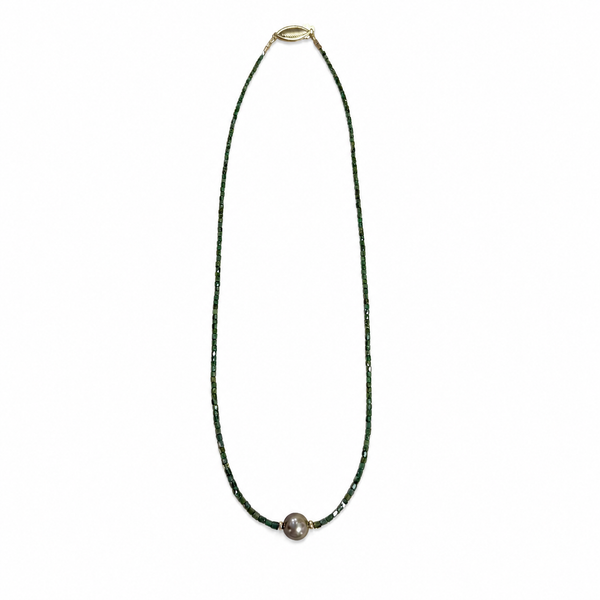 14KY Green Diamond & Tahitian Pearl Beaded Necklace